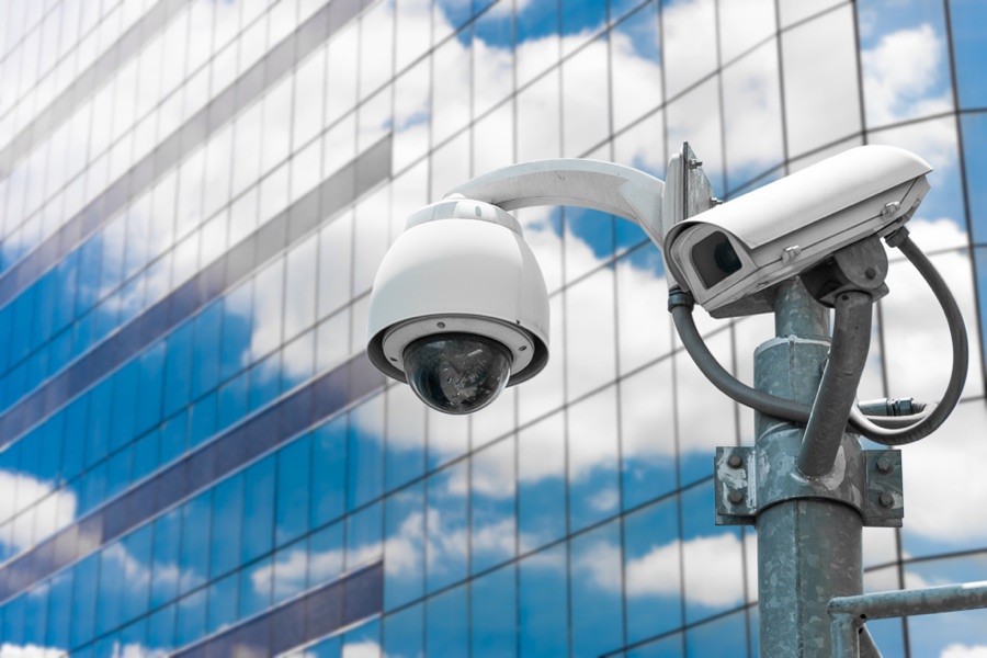 Commercial facility entrance with access control and cameras