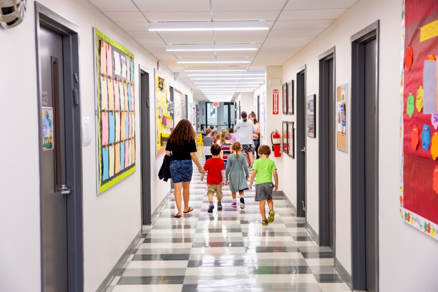 School or campus exterior with surveillance coverage