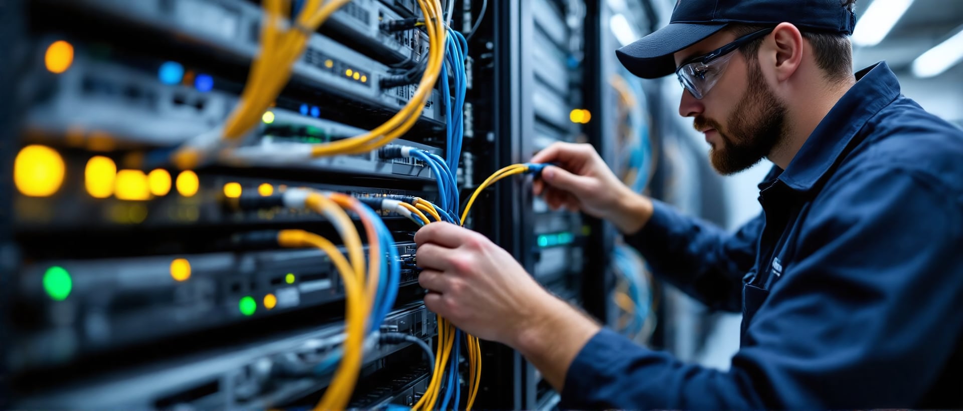 Technician terminating structured network cabling in a server rack